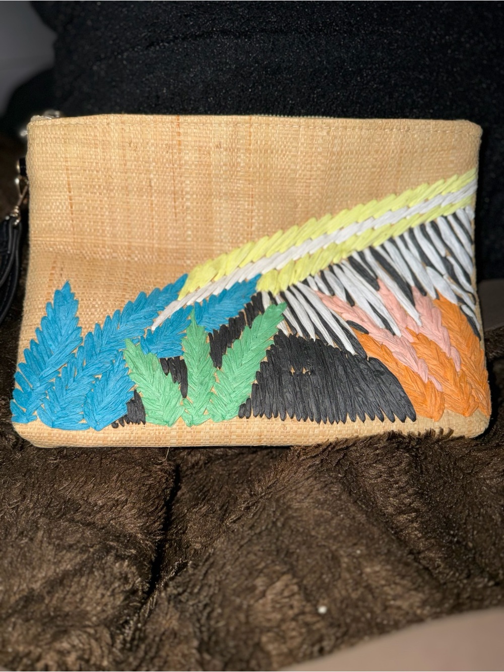 Tabitha Brown Woven Embroidered Straw Clutch - Natural with Blue, Green & Orange